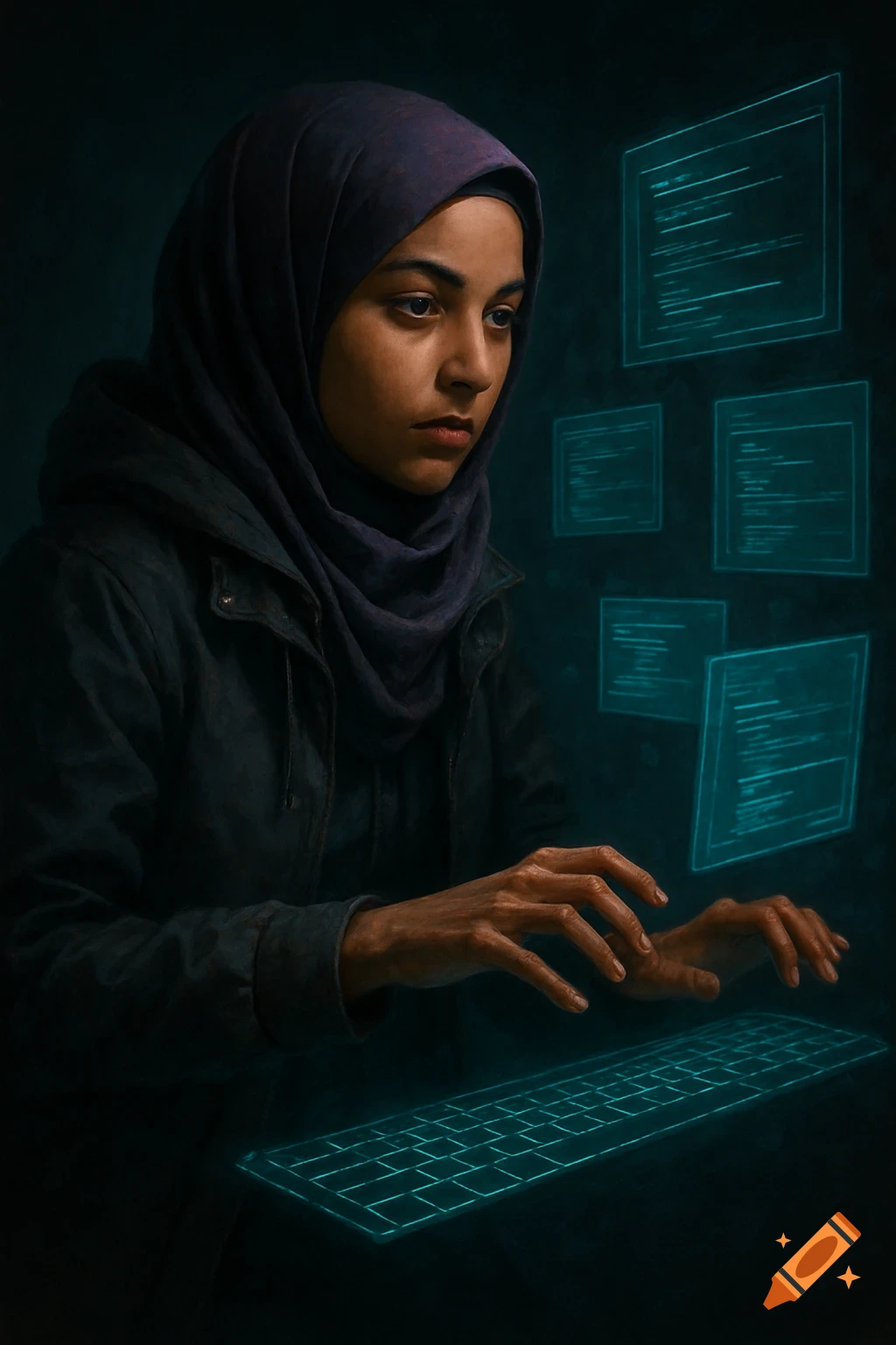 Woman in hijab hacking with floating digital screens