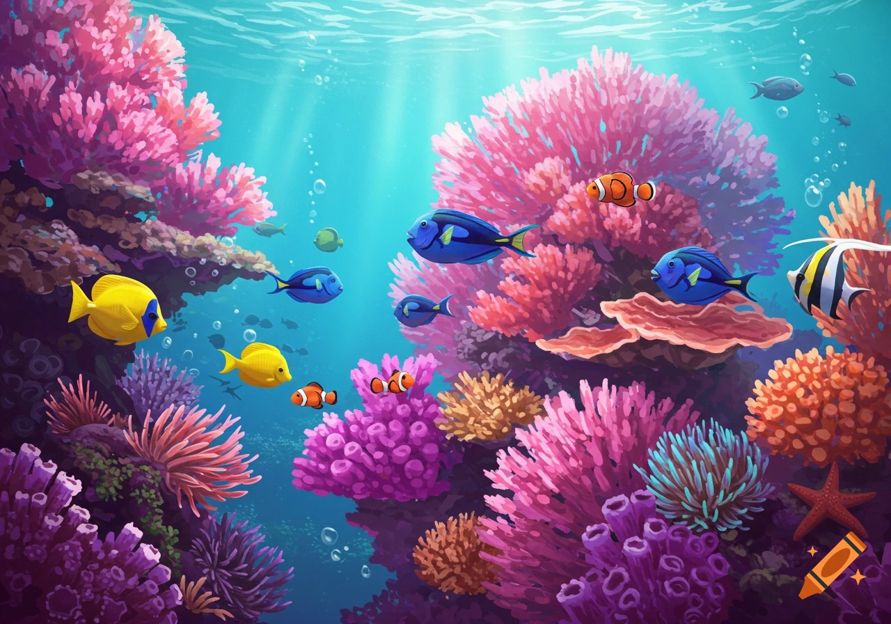 A vibrant underwater coral reef scene with colorful fish, coral, and anemones.