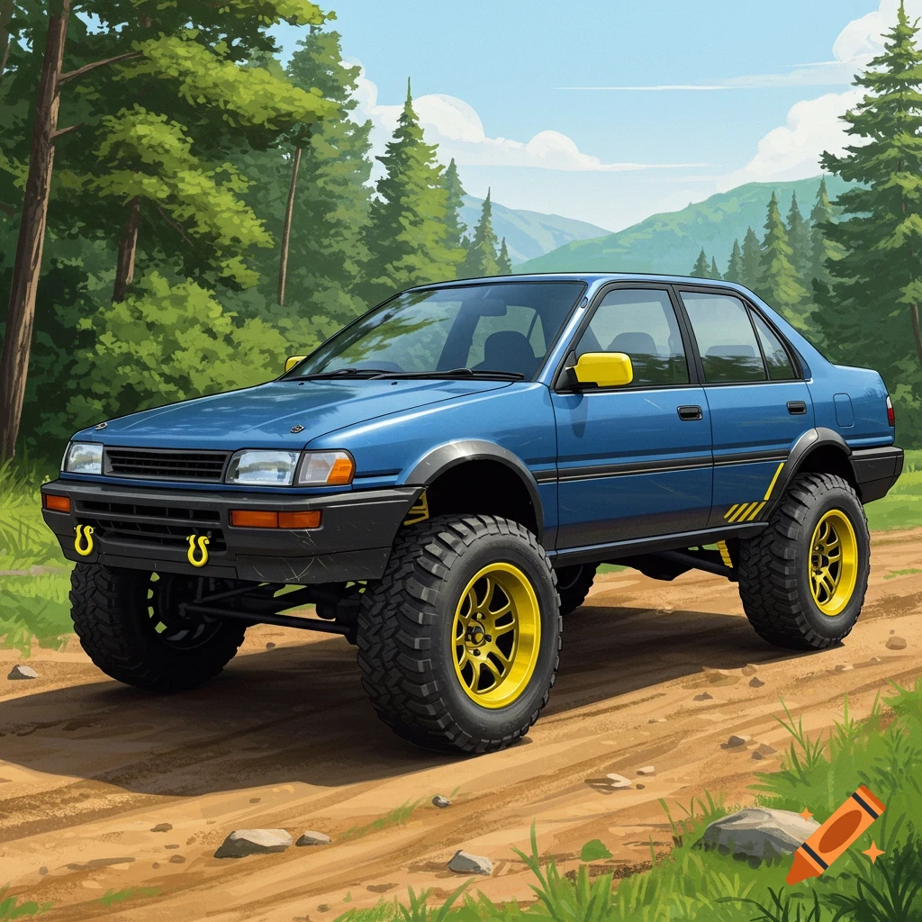 A lifted blue Toyota Corolla drives on a dirt road in a forest. Digital art.