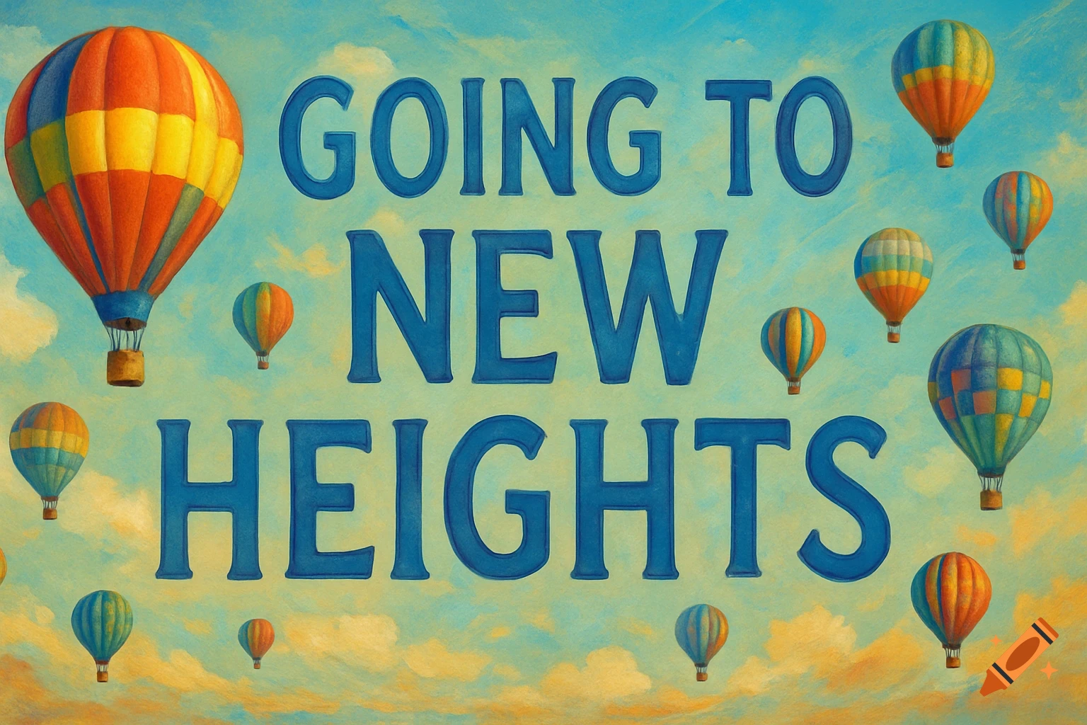 Painterly image of hot air balloons floating in a sky with the text 'GOING TO NEW HEIGHTS'.