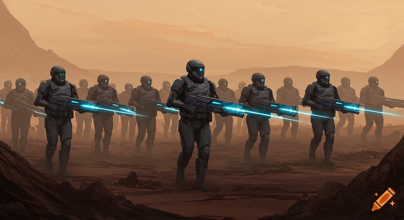 Futuristic soldiers with glowing weapons walk on a rocky alien landscape.