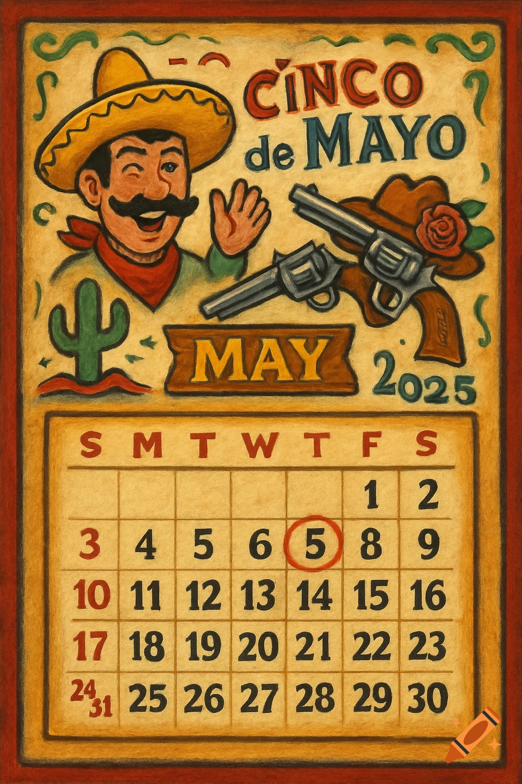 Cinco de Mayo 2025 calendar illustration with a cartoon character, revolvers, and dates.
