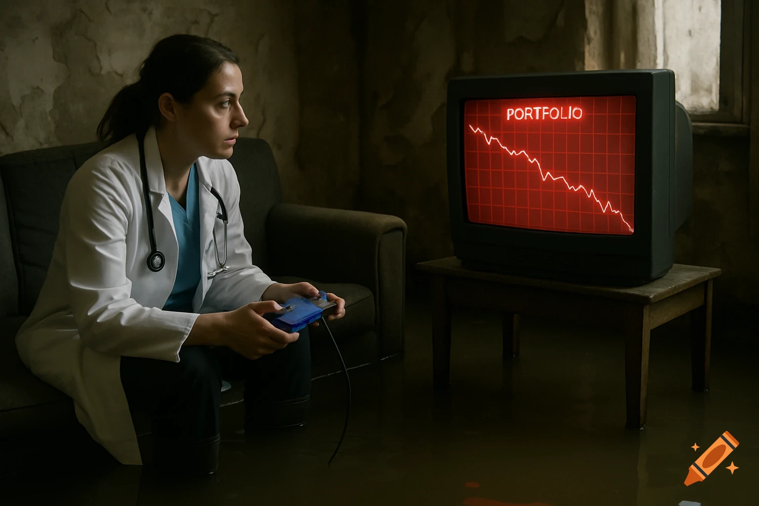 A doctor sits on a couch in a flooded, dilapidated room, holding a controller and watching a CRT TV show a crashing stock portfolio.