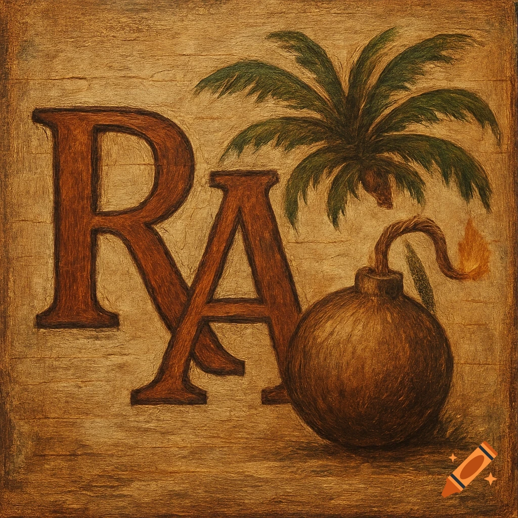 Rustic art illustration of the letters R A next to a palm tree and a stylized bomb