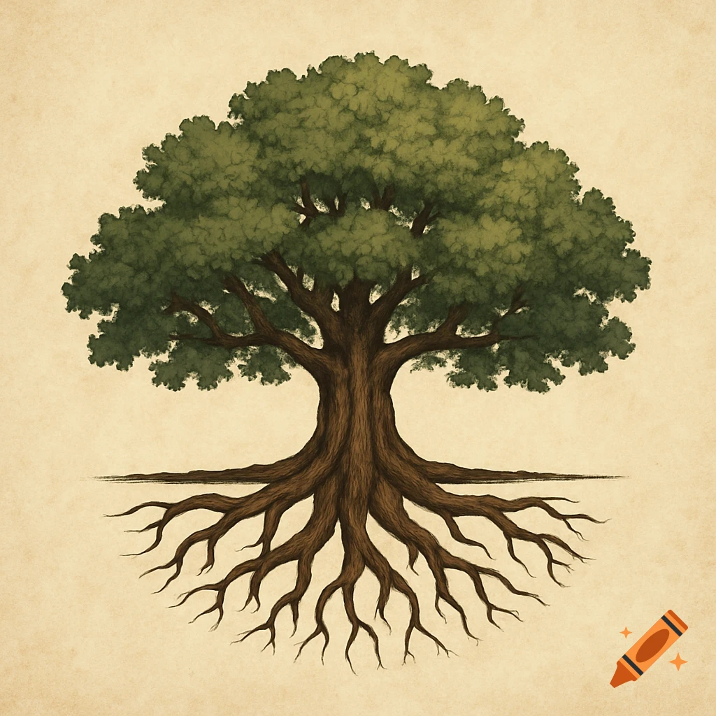 Stylized illustration of an oak tree with visible roots on a textured background.