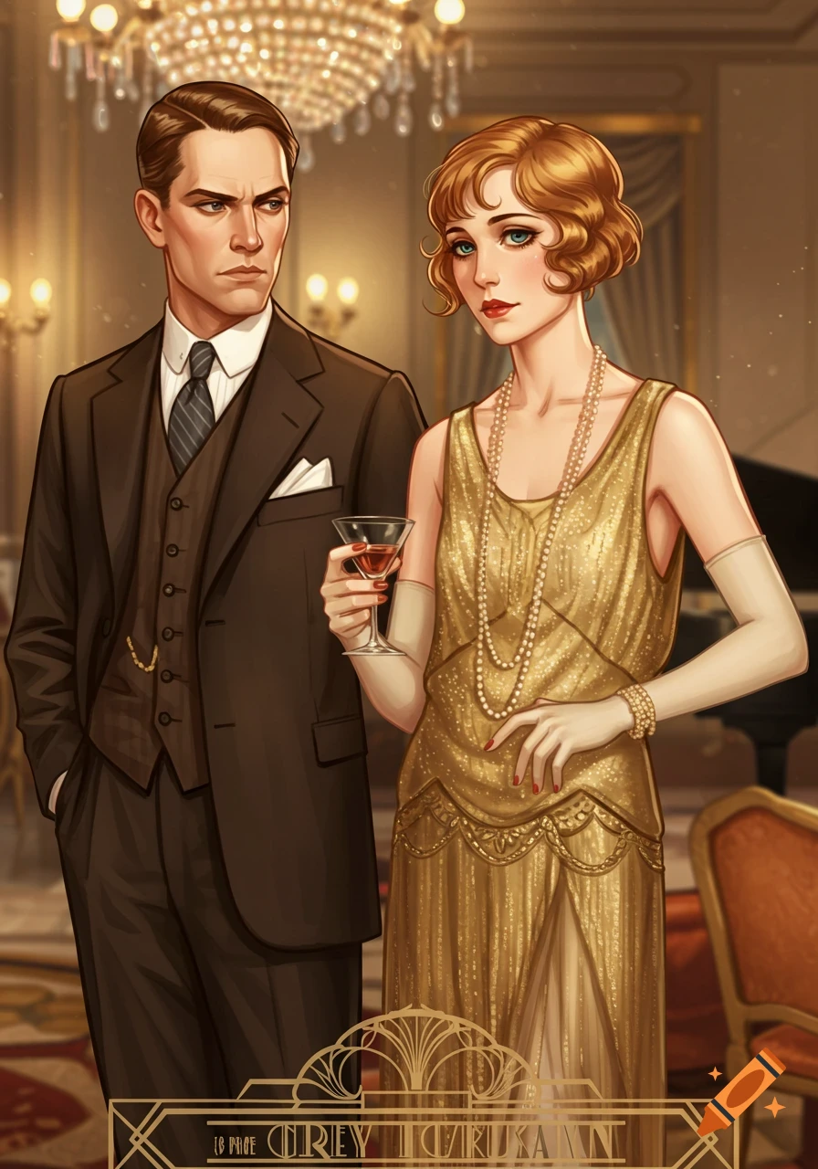 Illustration of a couple in 1920s formal attire at a party.