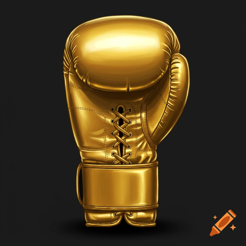 A golden boxing glove on a dark background.