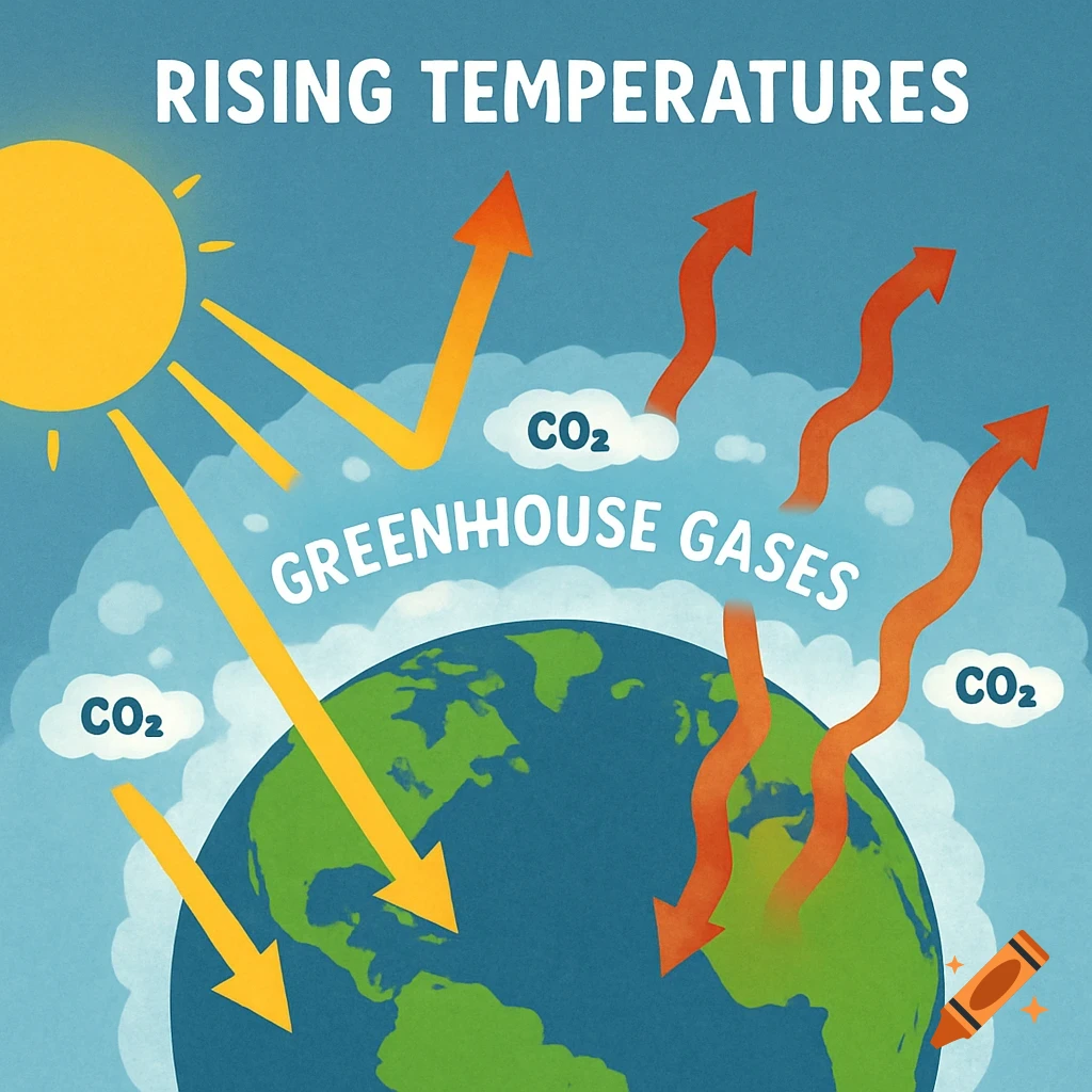 Illustration showing sunlight reaching Earth, greenhouse gases trapping heat, and arrows indicating rising temperatures.