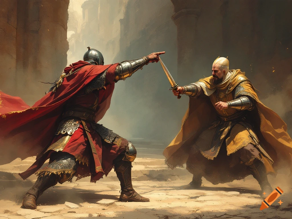 Two figures in medieval-style red and gold armor sword-fighting in ancient ruins.