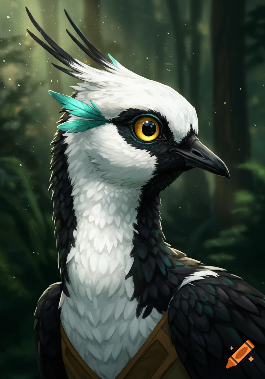 Portrait of a fantasy bird creature (Aarakocra) with white crest, black & white feathers, and yellow eyes in a forest.