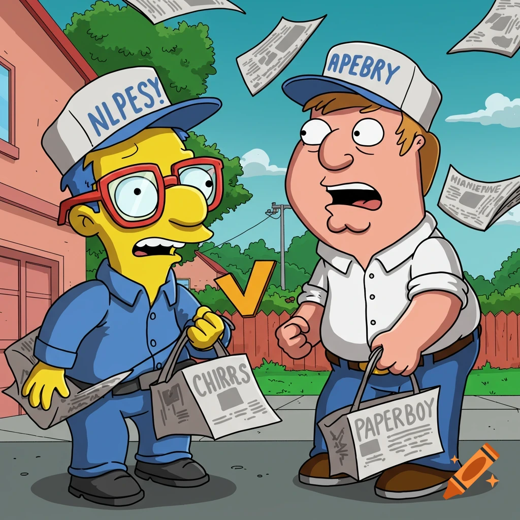 Cartoon image of Milhouse and Chris Griffin dressed as paperboys standing on a street