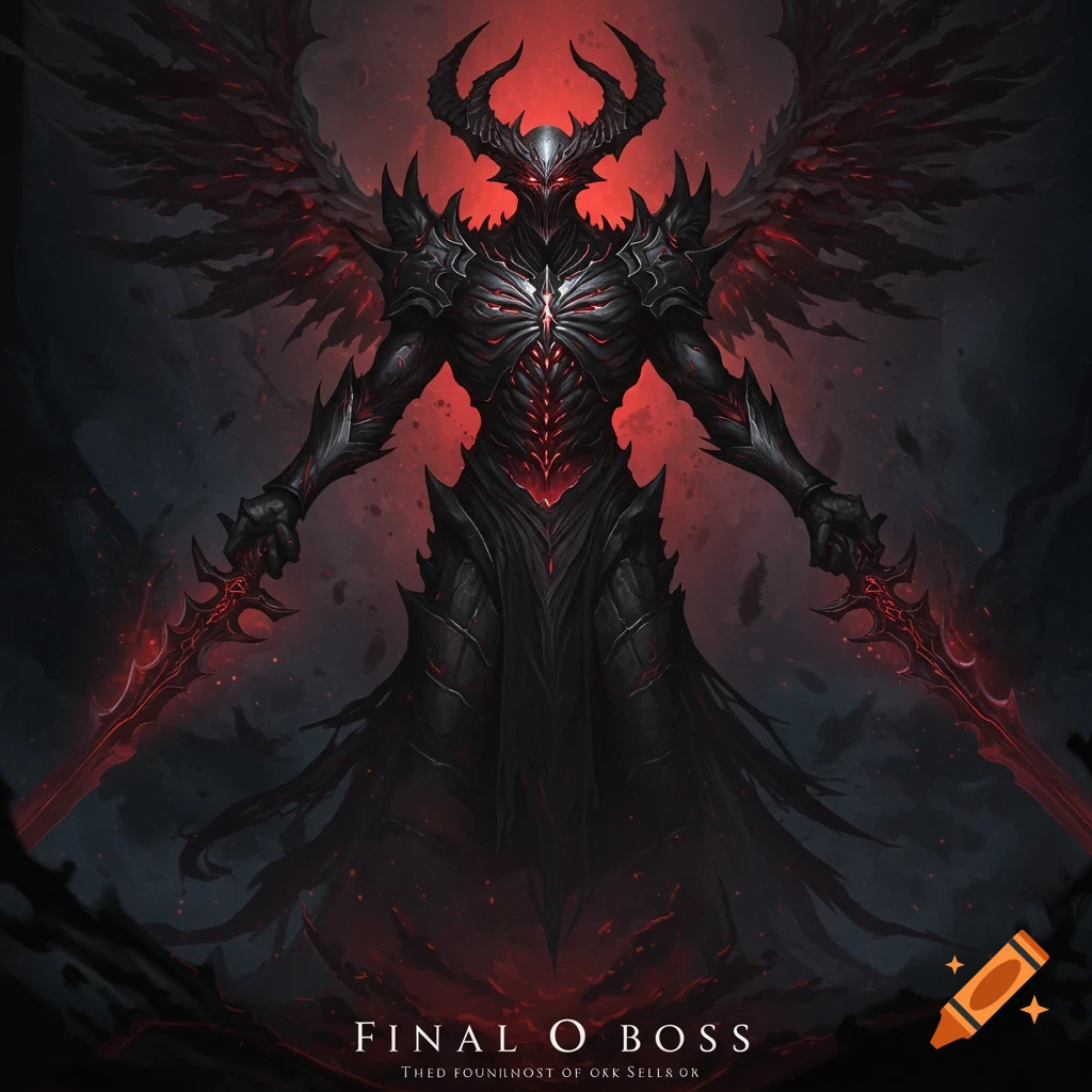 A dark fantasy creature with horns, red glow, black armor, large wings, and two swords, standing in dark mist.