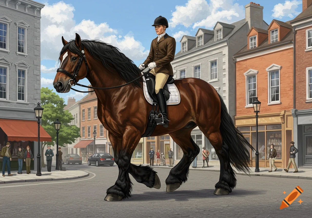 A person in riding attire sits atop a large draft horse walking down a city street.