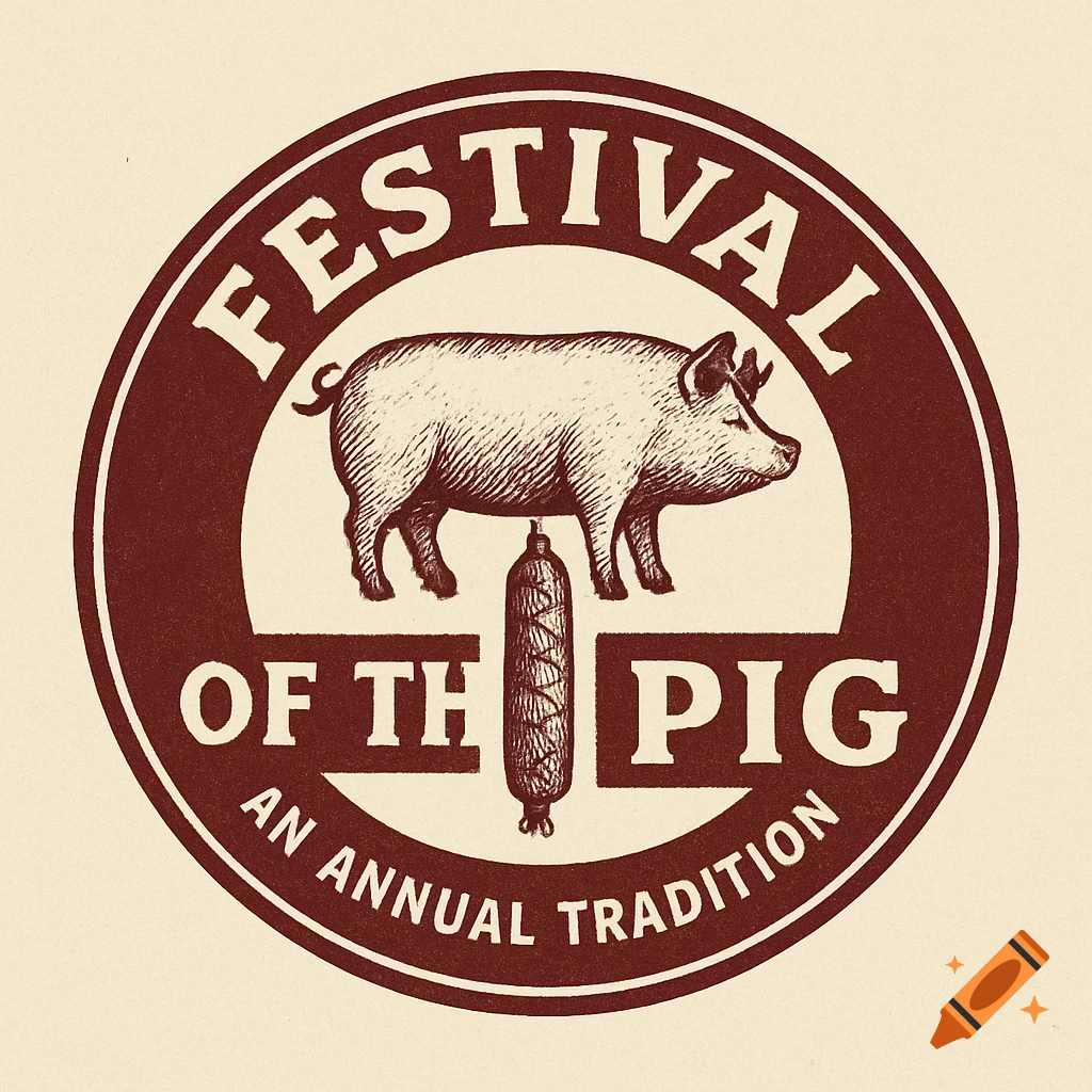 Vintage-style logo with a pig and salami. Text reads 'Festival of the Pig, An Annual Tradition'.