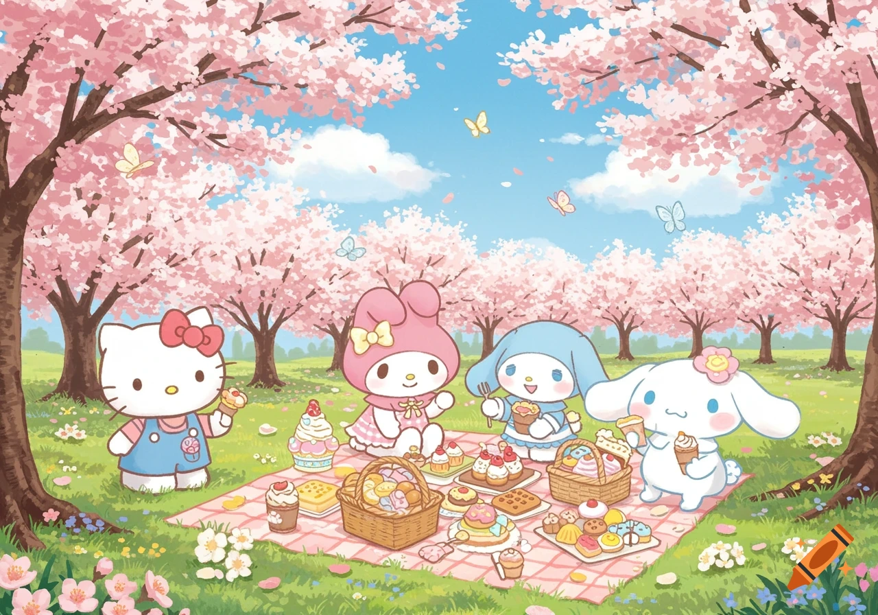 Sanrio characters Hello Kitty, My Melody, and Cinnamoroll having a picnic under cherry blossom trees.