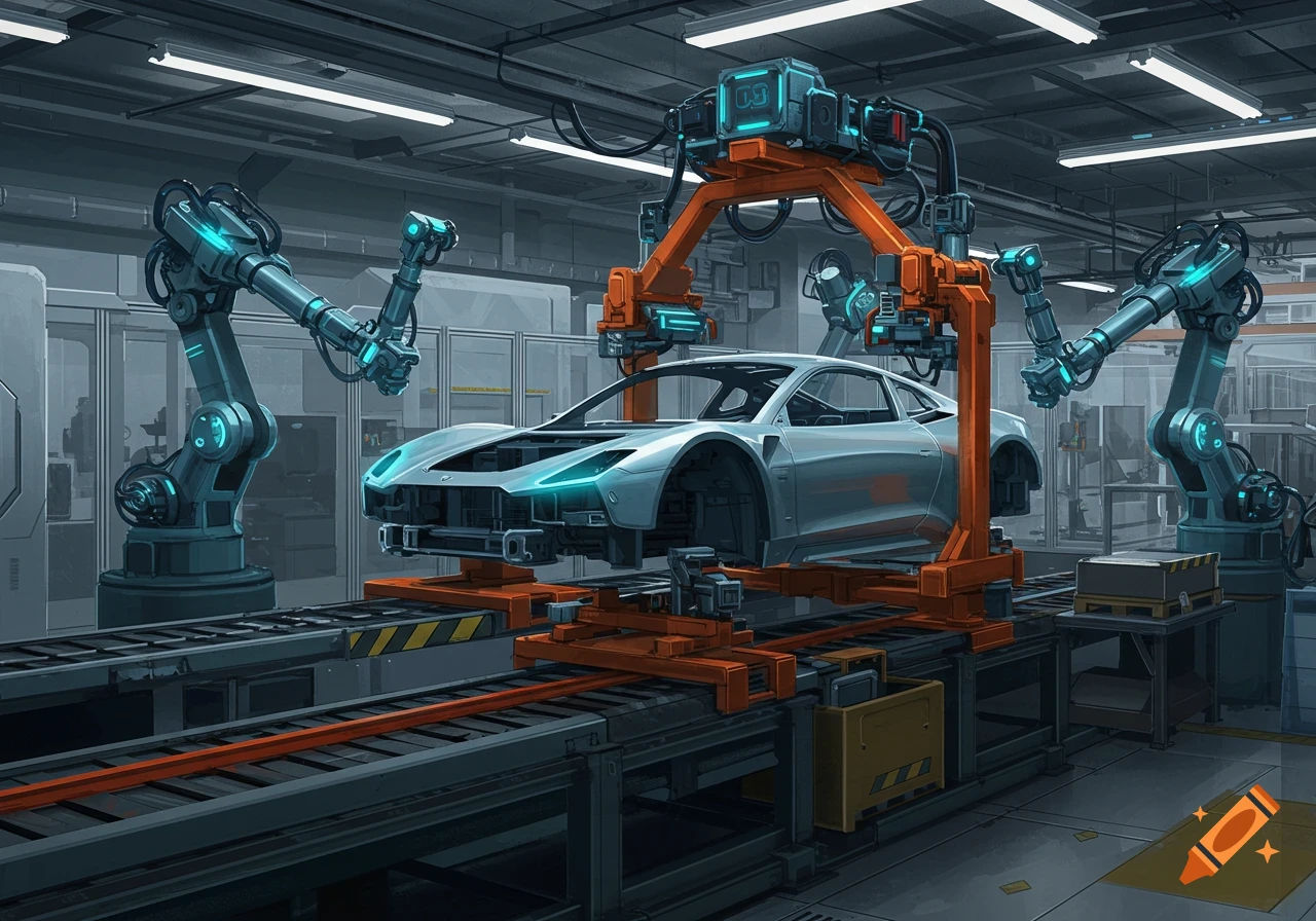 Robots assembling a car on an assembly line in a factory.