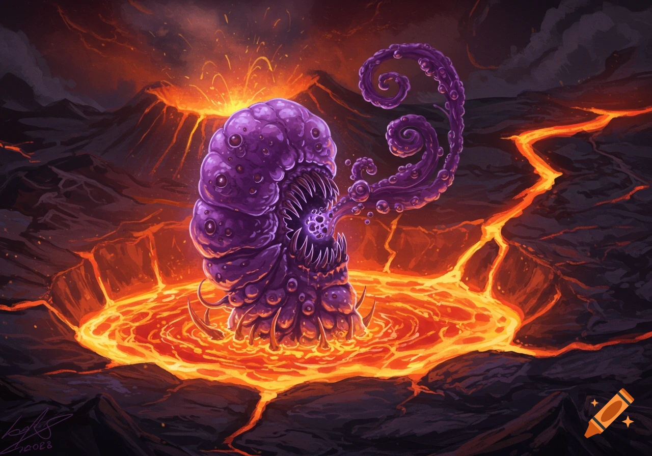 A purple tentacled monster rises from molten lava in a volcanic landscape, fantasy illustration.