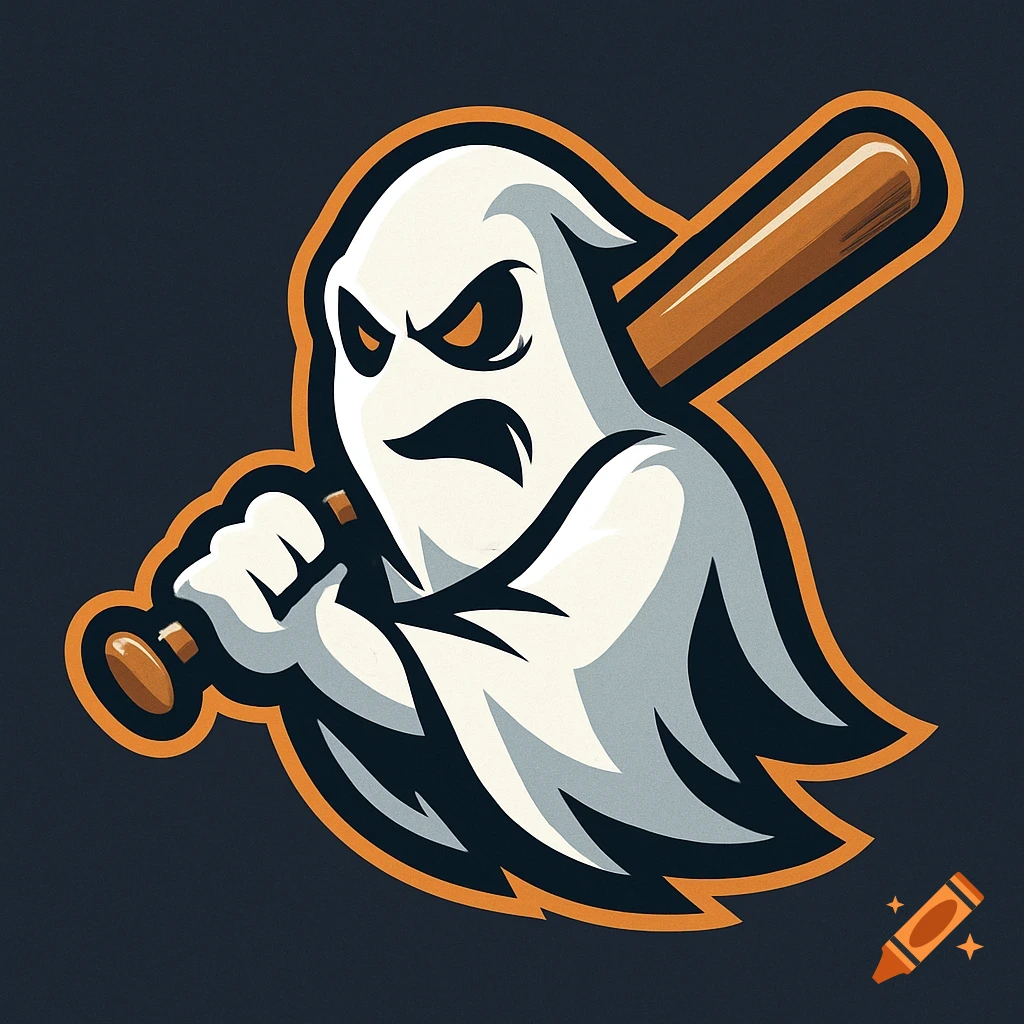 A stylized sports logo of an angry ghost holding a baseball bat.