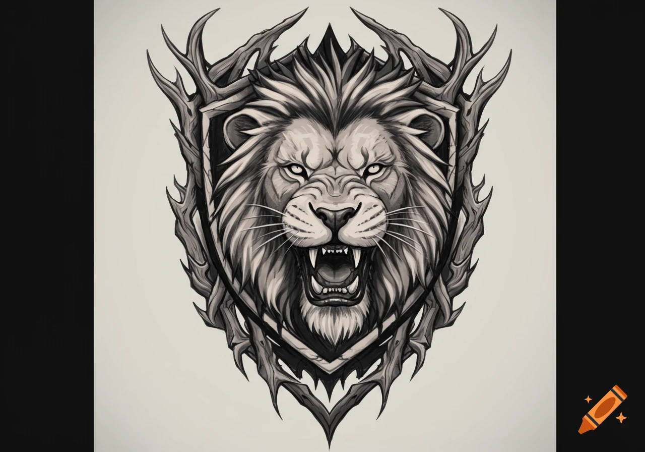 Black and white tattoo illustration of a fierce lion head on a shield with thorny branches.