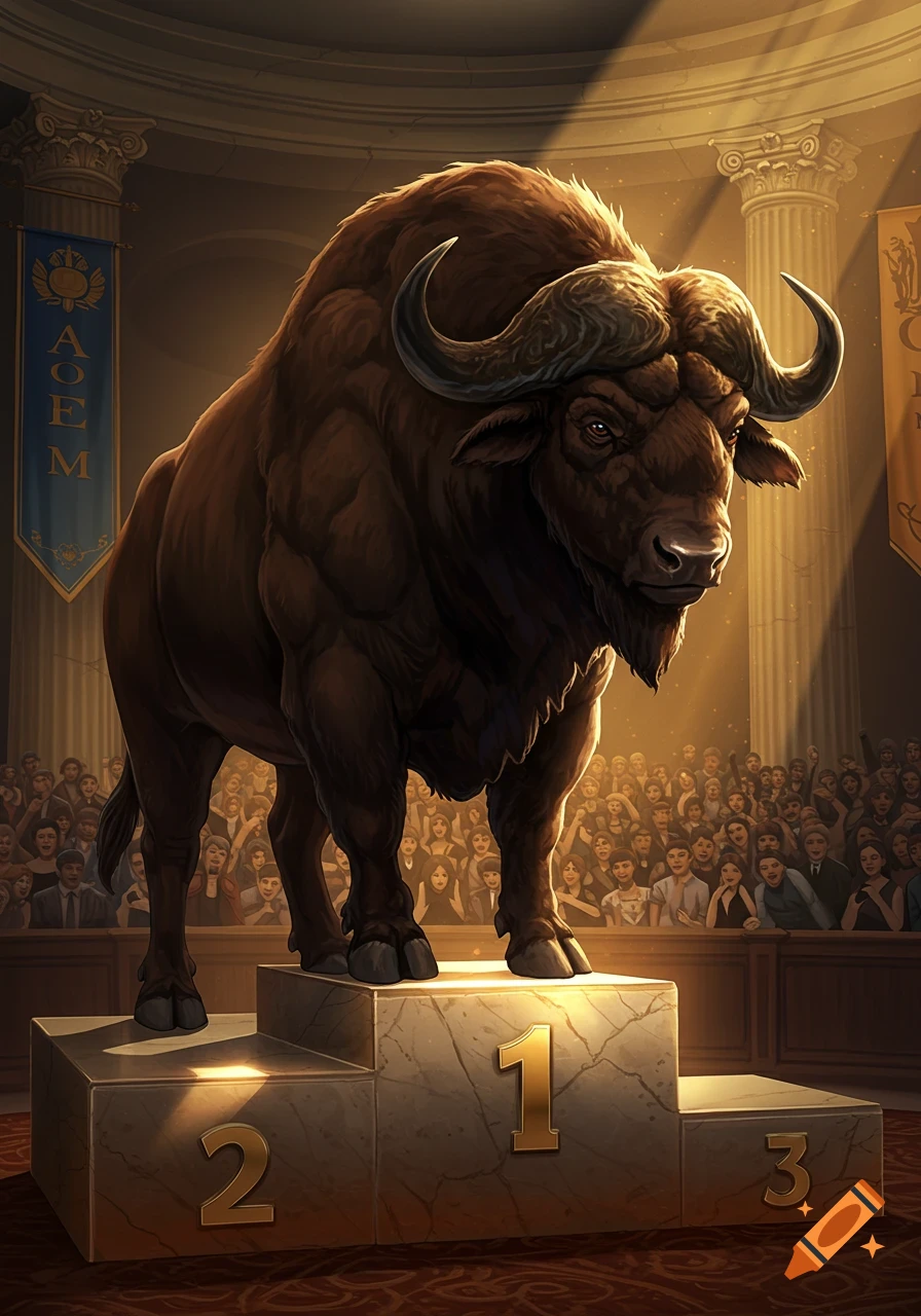 A large buffalo stands on a winner's podium in a grand hall.