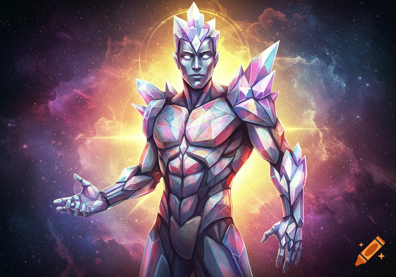 A crystalline figure stands against a space background with a bright halo.