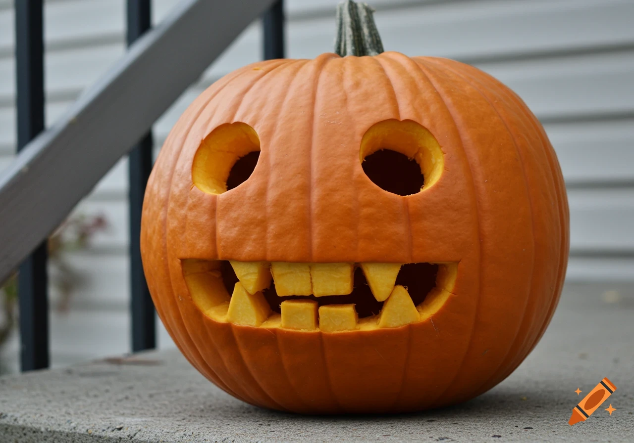 A carved Halloween pumpkin with circular eyes and buck teeth sits on a concrete surface.