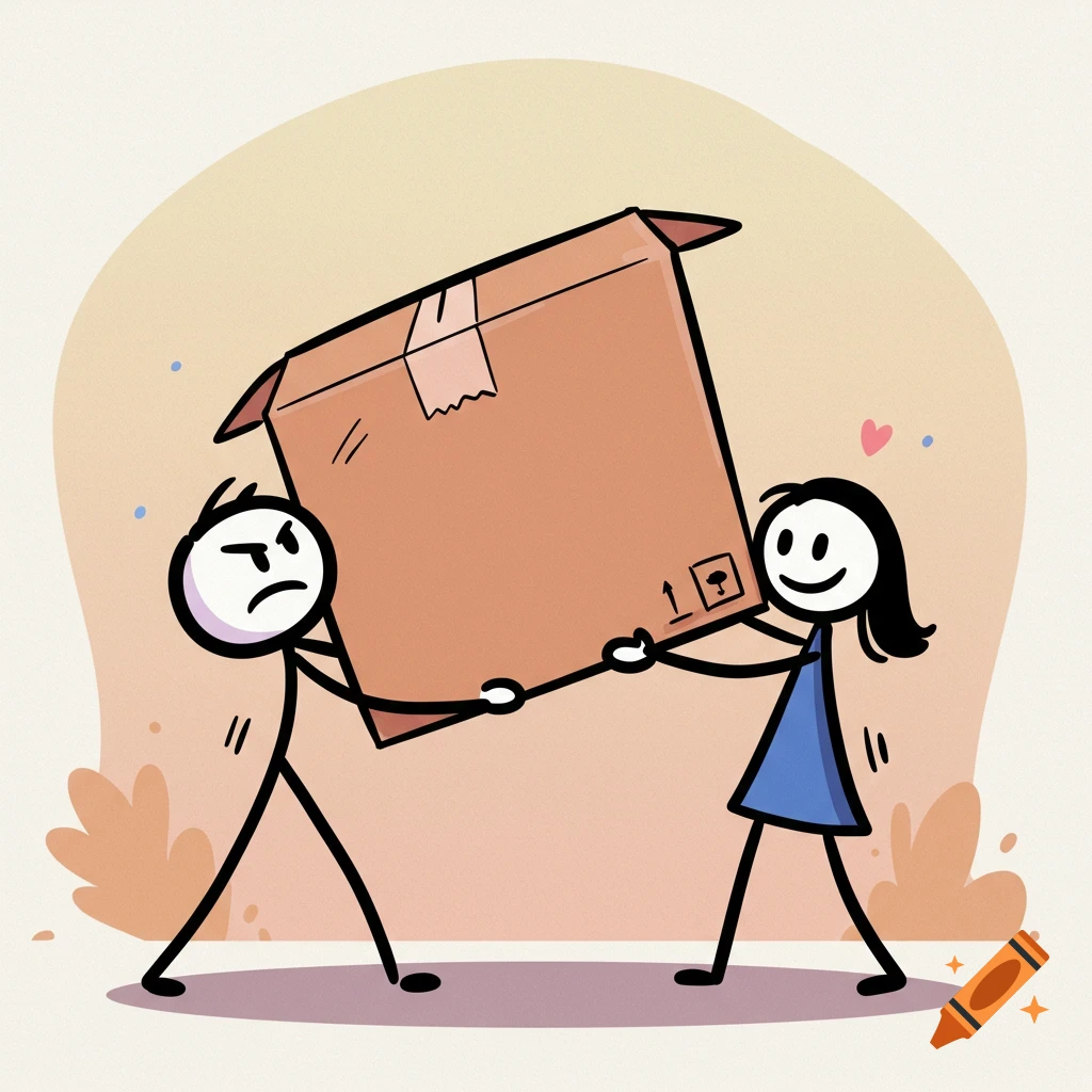 Two stick figures, one angry and one happy, carry a large box together in a simple cartoon style.