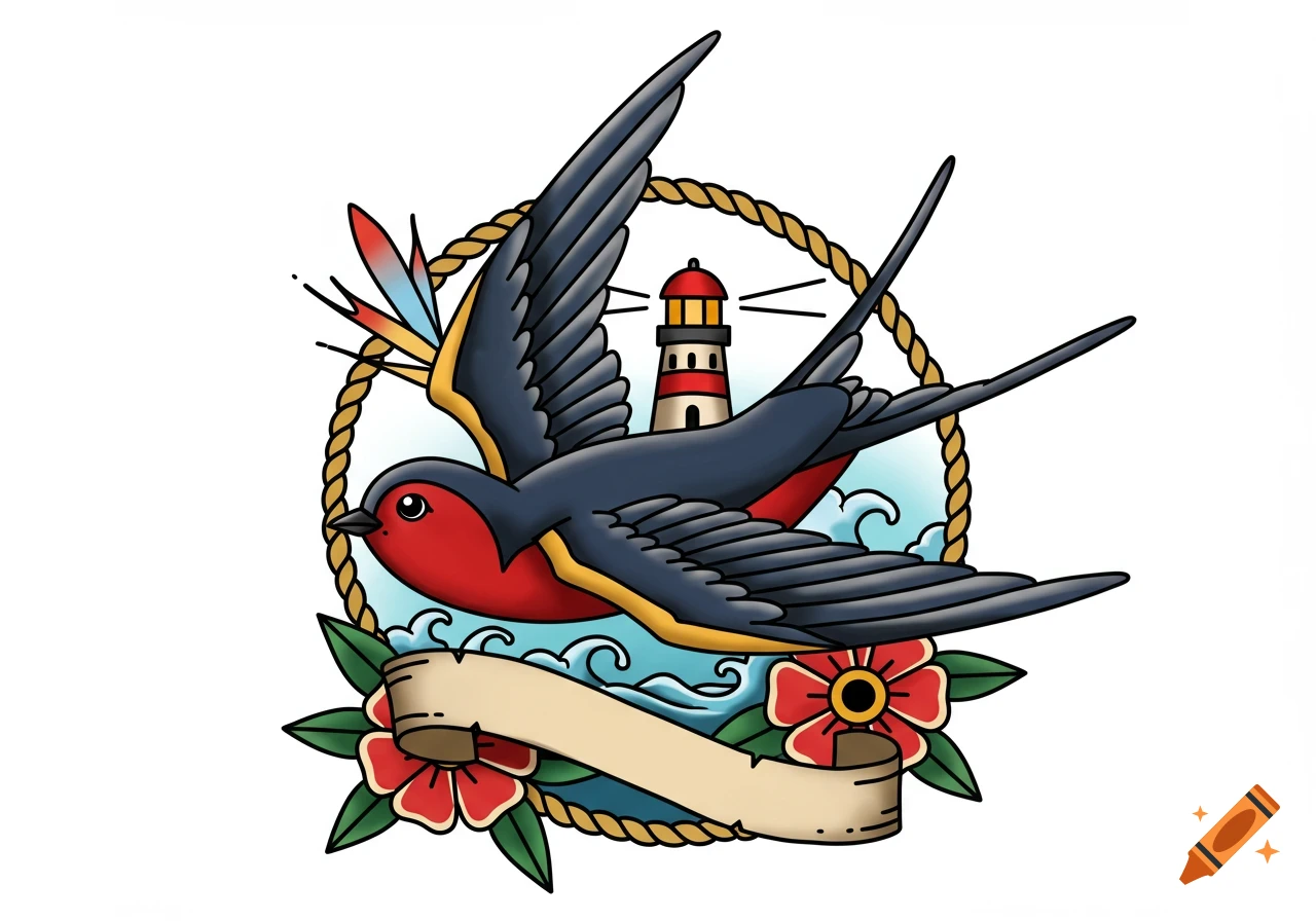 Traditional tattoo of a swallow flying through a rope circle with a lighthouse, waves, banner, and flowers.