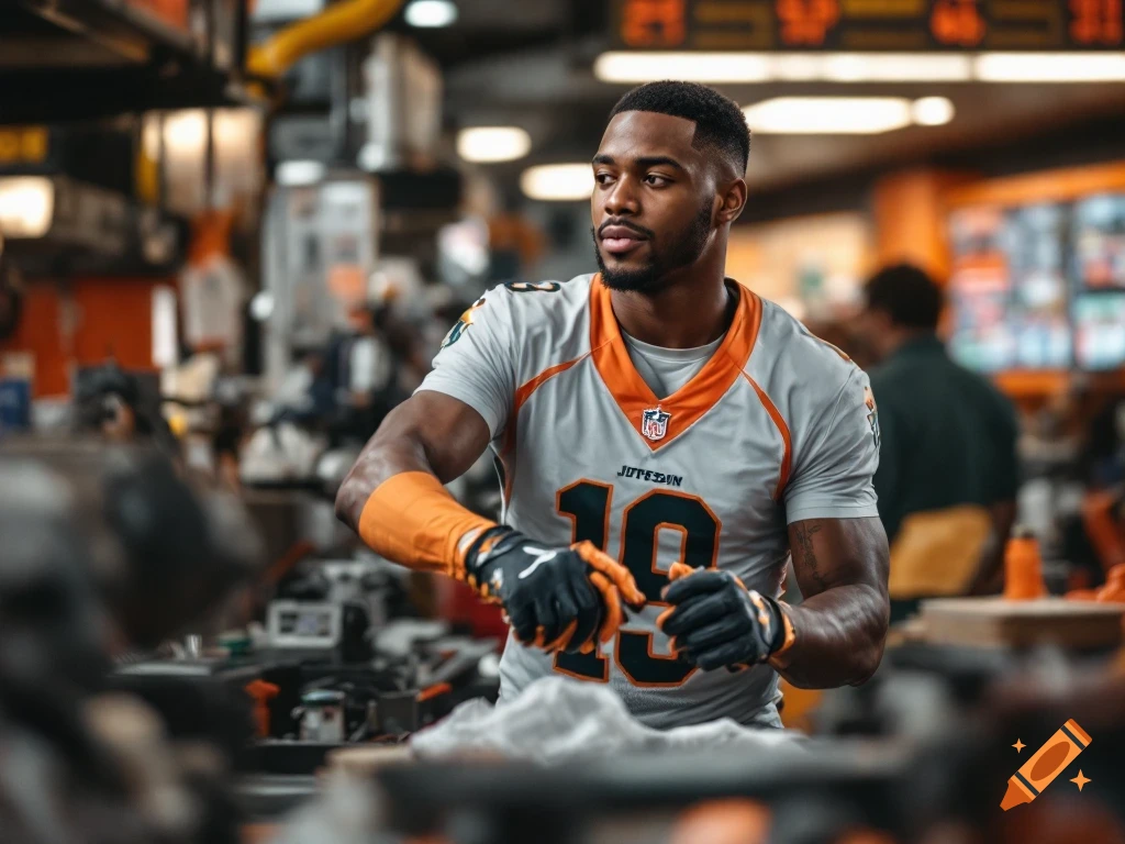 A man in a football jersey stands in a Popeyes restaurant.