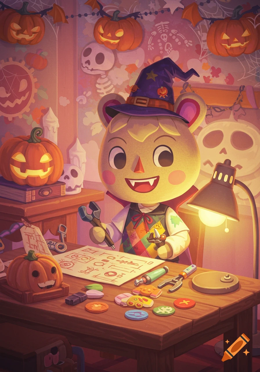 An Animal Crossing character in a vampire costume and witch hat plans Halloween at a desk with pumpkins and decorations.