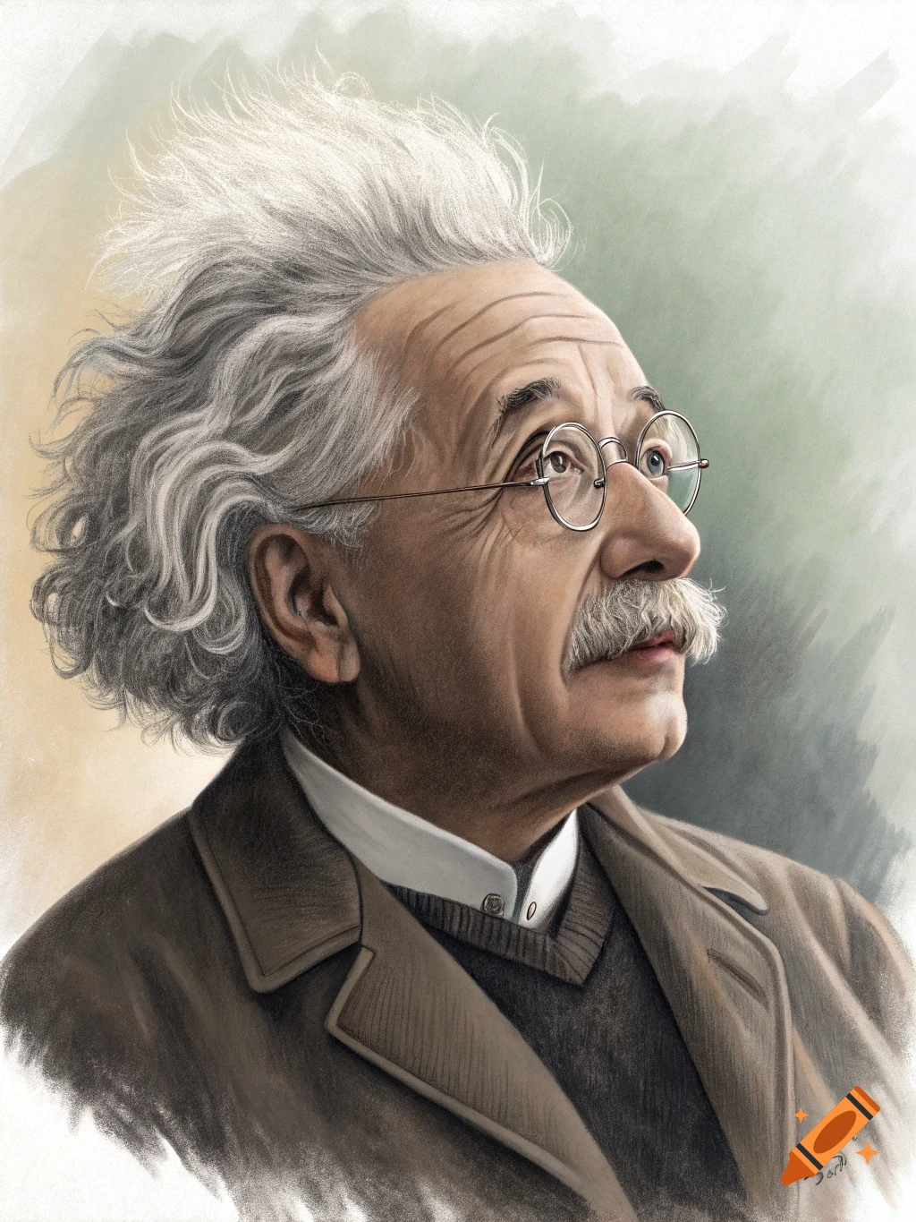 Illustration portrait of Albert Einstein looking up.