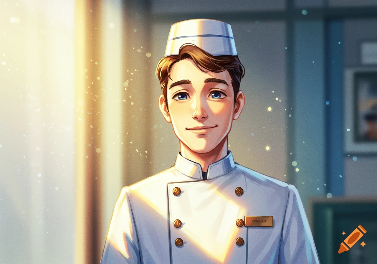 A young man in a white steward uniform smiling in an illustration.