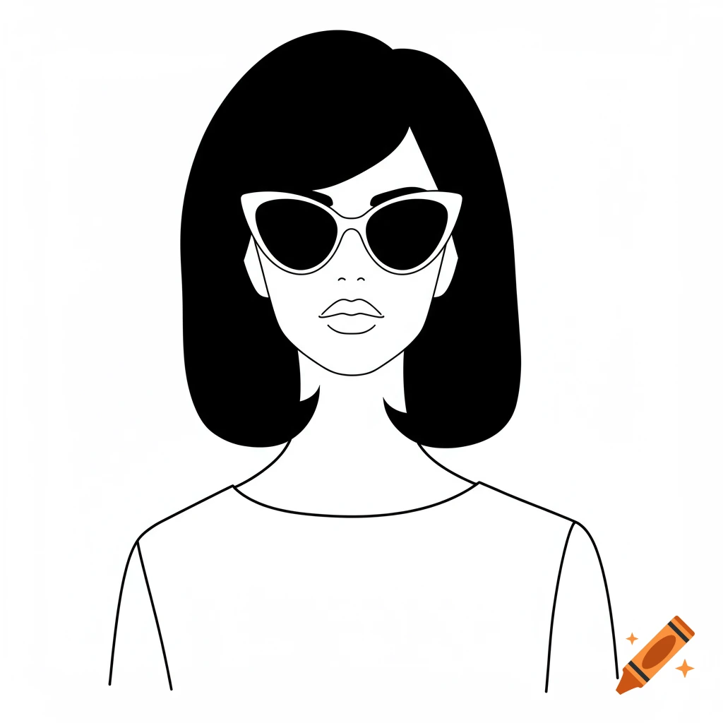 A minimalist black and white clip art illustration of a woman wearing 60s cat-eye sunglasses.