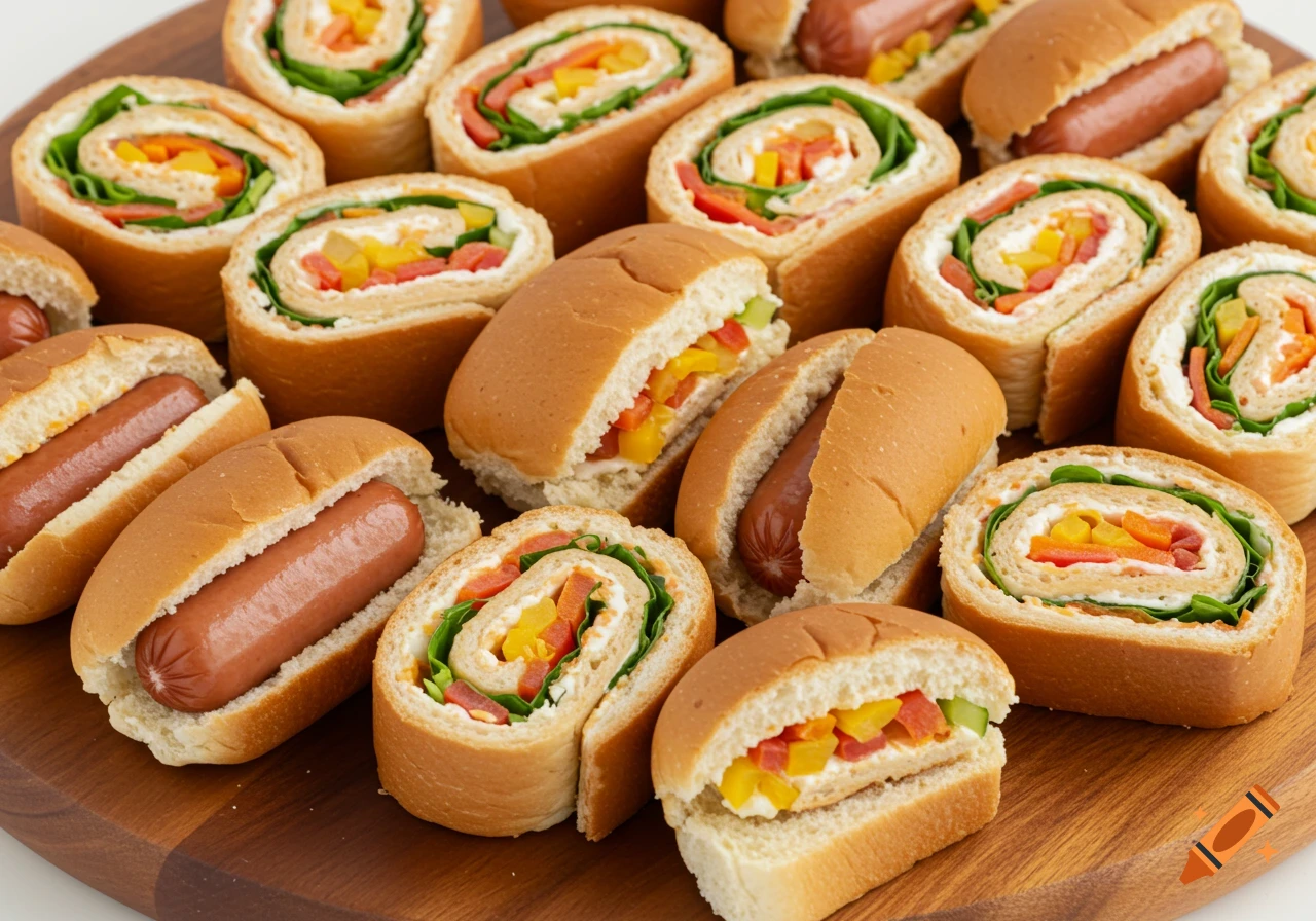 A wooden platter filled with hot dogs in buns and vegetable pinwheel wraps.