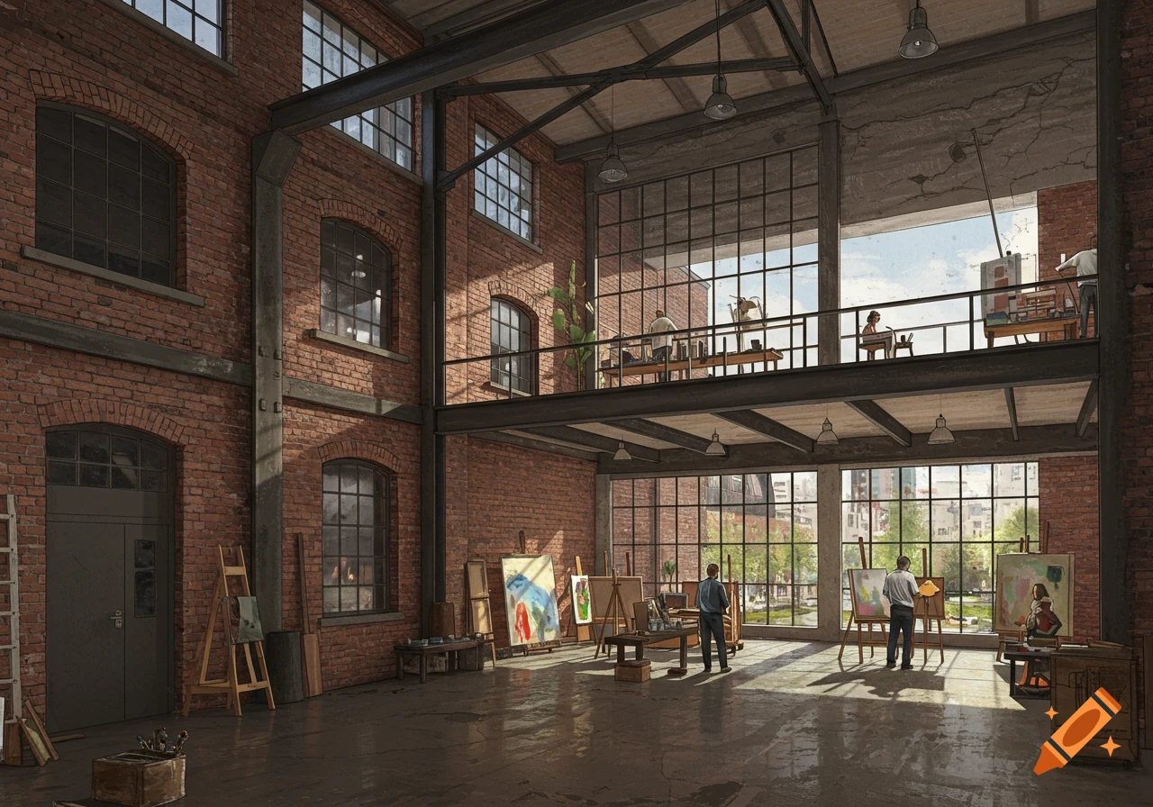 Spacious art studio in a repurposed industrial building with artists working.