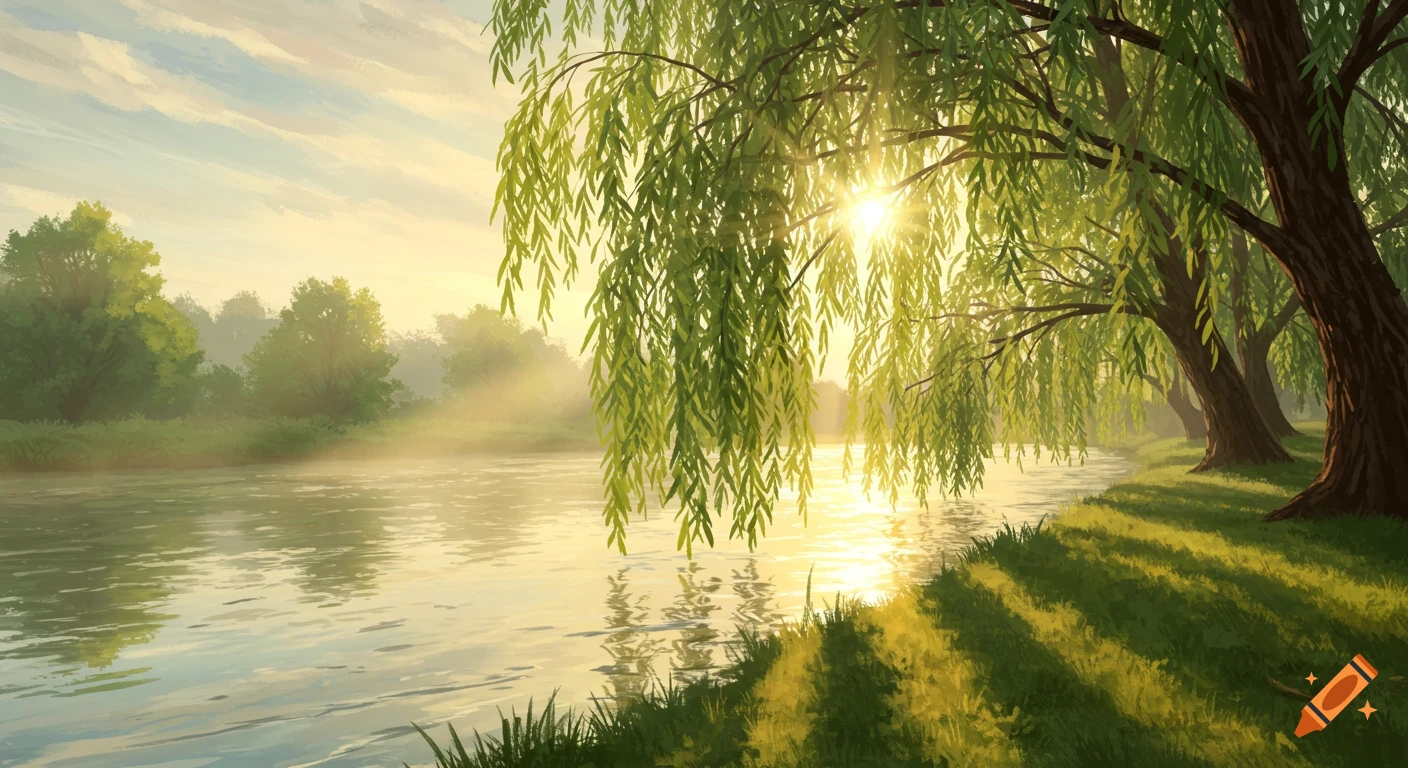 Painterly scene of a riverbank lined with willow trees and sunlight streaming through the leaves