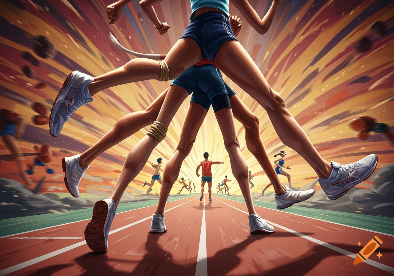 Dynamic illustration of runners on a track, featuring a central figure with multiple legs.