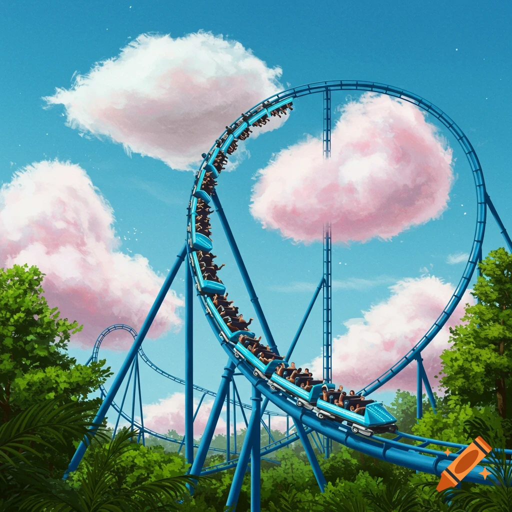 A blue roller coaster train with people crests a loop against a blue sky with pink clouds and green trees.