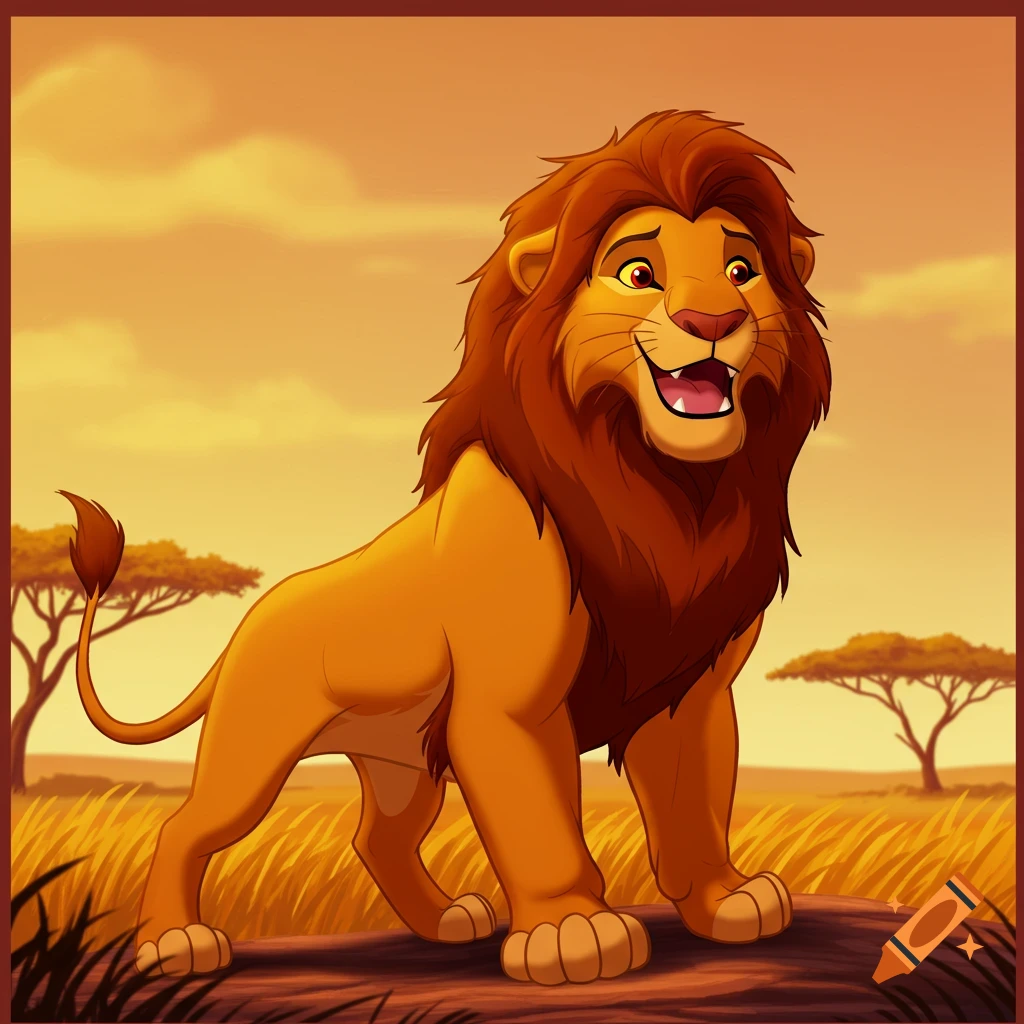 Cartoon male lion stands on a log in a savanna landscape.