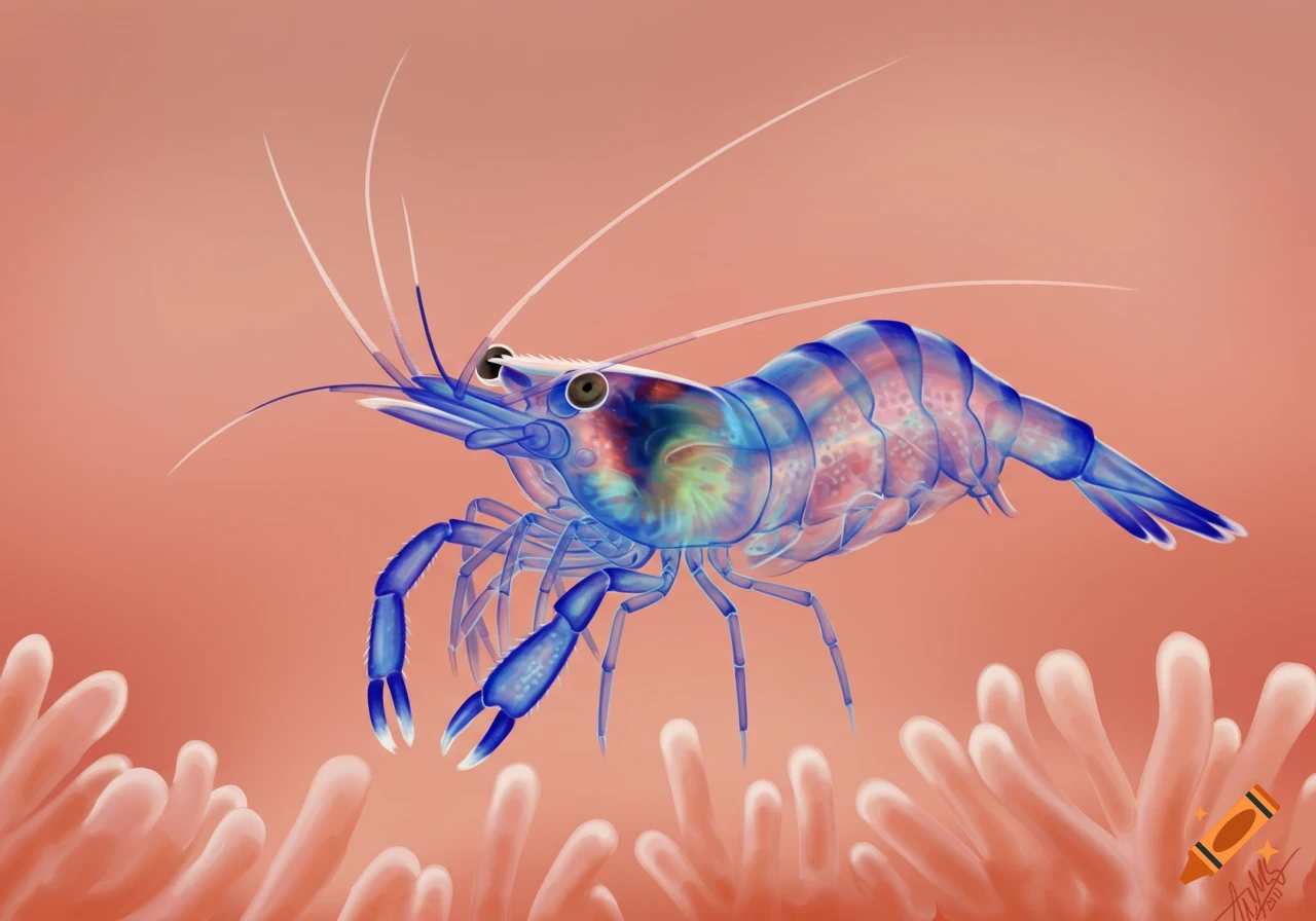 Illustration of a transparent blue shrimp above pink coral-like shapes against a pink background.