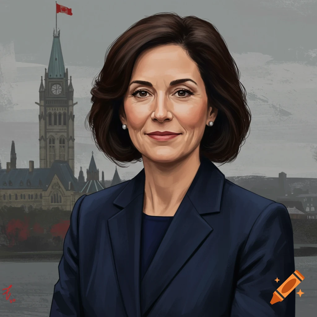 Portrait of a woman in a suit in front of the Canadian Parliament building, illustrative style