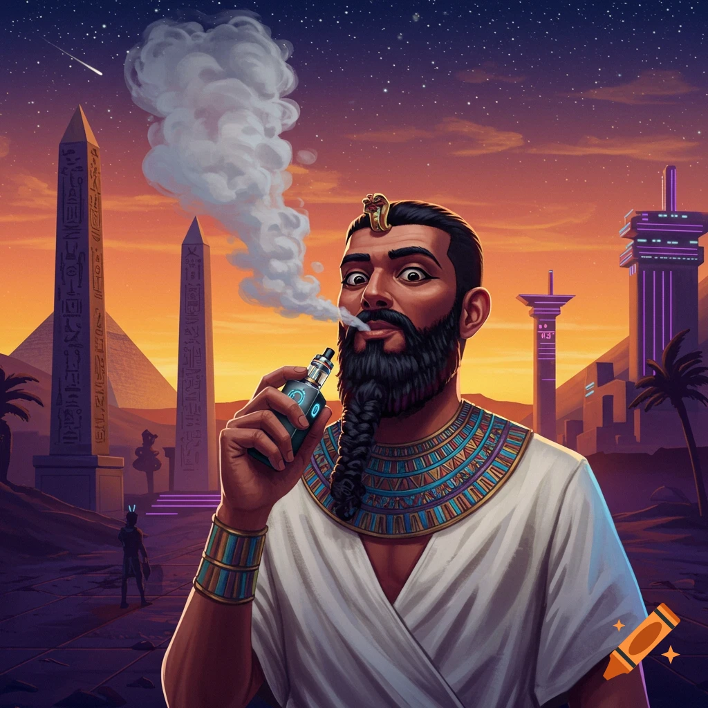 Illustration of an Egyptian-style man with a braided beard vaping in a desert landscape with pyramids, obelisks, and futuristic buildings at sunset.