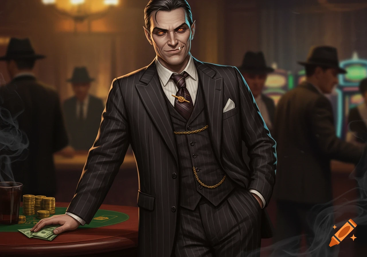 A sharp-dressed man with glowing eyes and pointed ears, like a fantasy character, stands at a casino table with money, dressed as a mob boss.