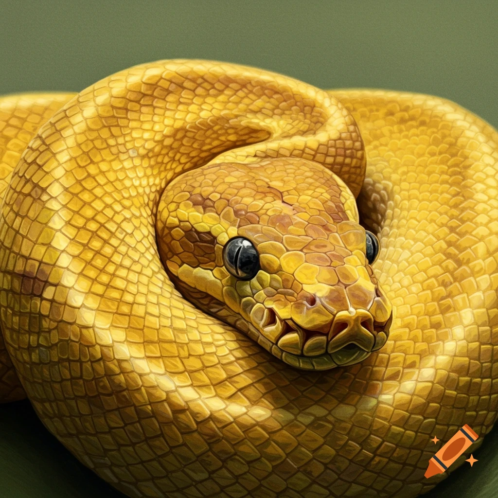 A close-up view of a coiled yellow python with detailed scales and dark ...