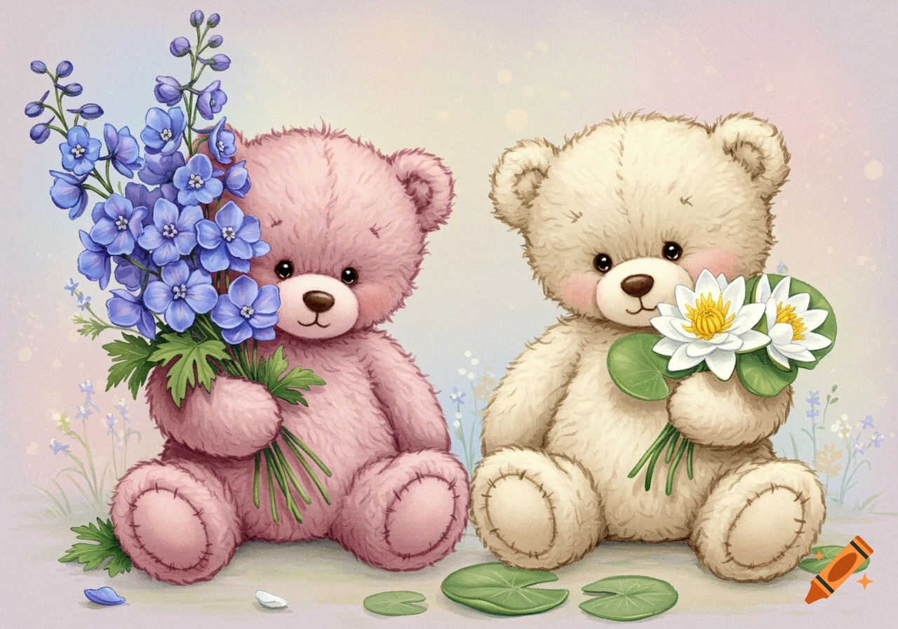 Two cute teddy bears holding flowers in a soft illustration style.