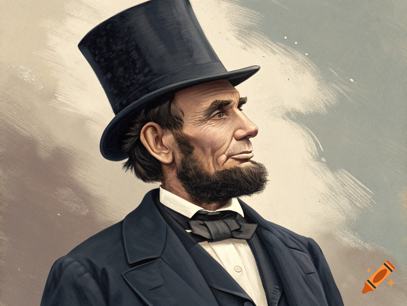 Illustrative portrait of Abraham Lincoln in a top hat and suit.