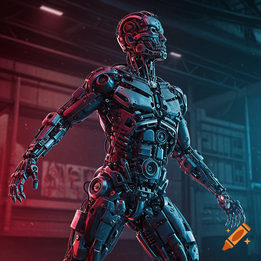 Detailed metallic robot standing in dramatic red and blue lighting.