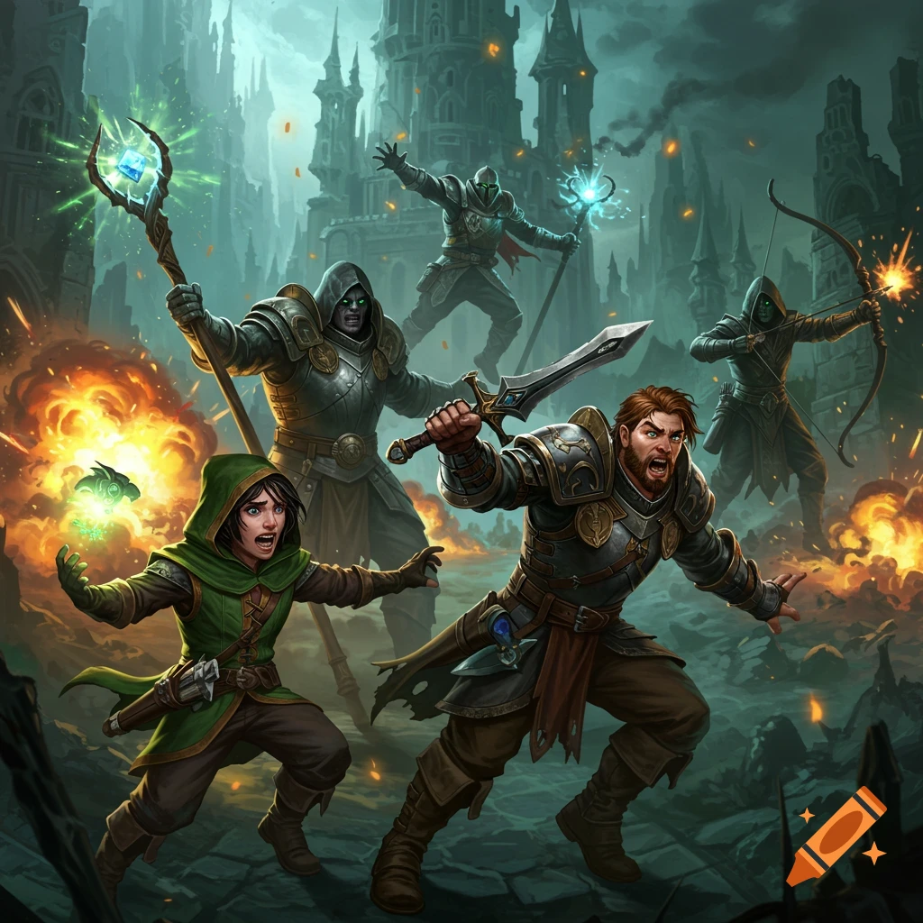 Fantasy adventurers fighting hooded figures in a ruined city.