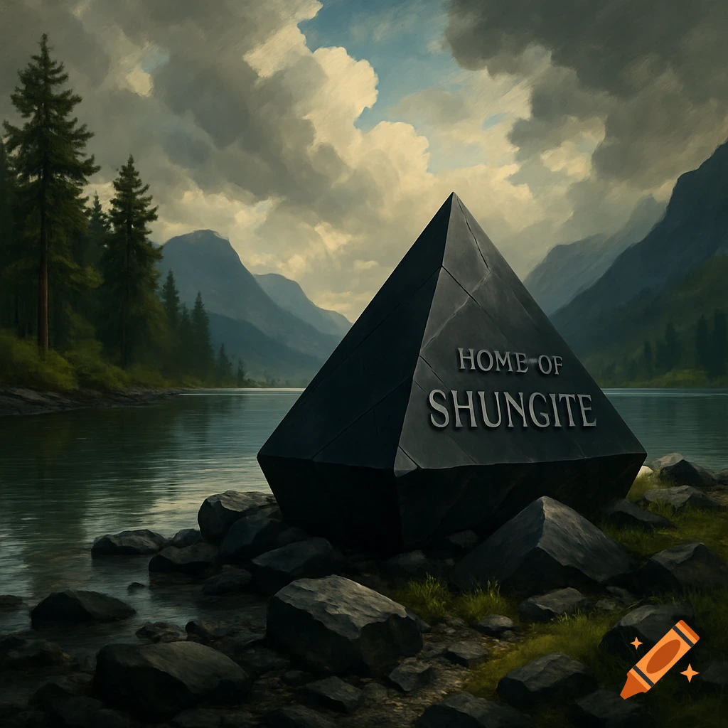 Large black pyramid with text 'HOME OF SHUNGITE' by a lake in a mountain landscape, painterly style.