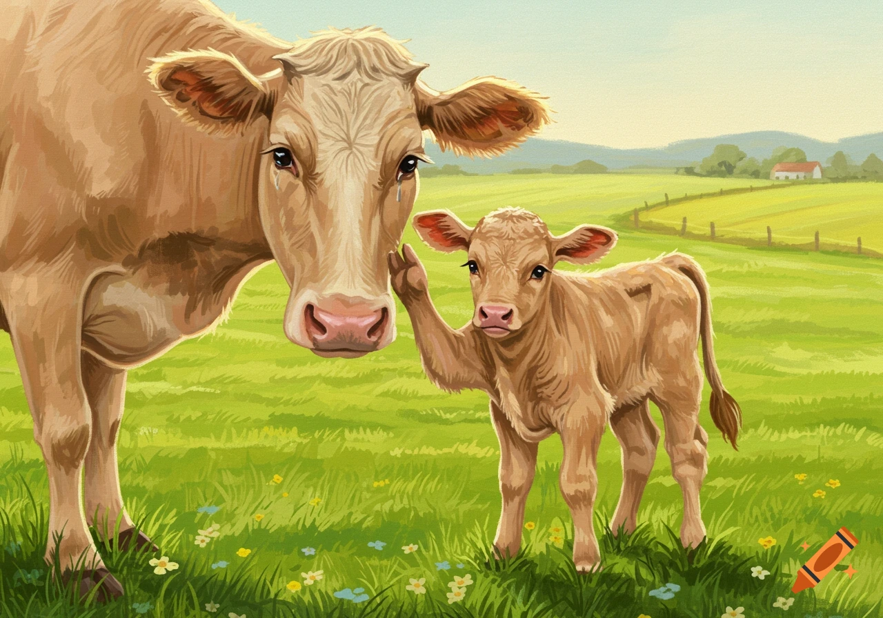 Illustrated brown cow with tears and a calf lifting a leg in a grassy field with flowers and a farmhouse in the distance.